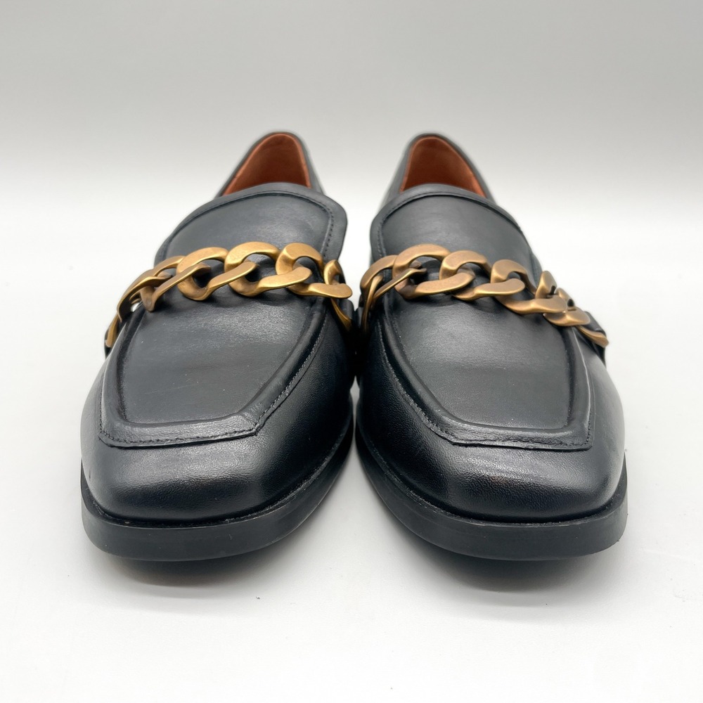 Vionic Black Leather Loafers with Brass Chain Accent - Picture 3 of 12